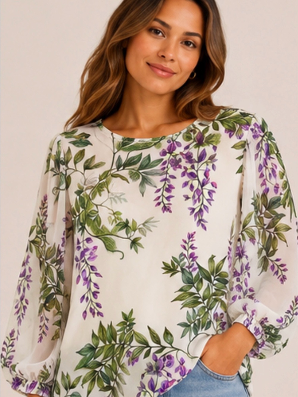 PerSeption Concept Wisteria Floral Blouse - White & Purple
